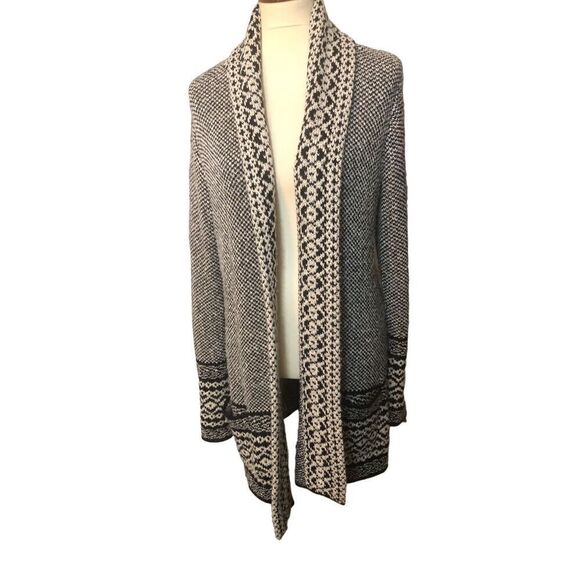 Lucky Brand aztec black and cream colored open front long line cardigan size M - Picture 1 of 12